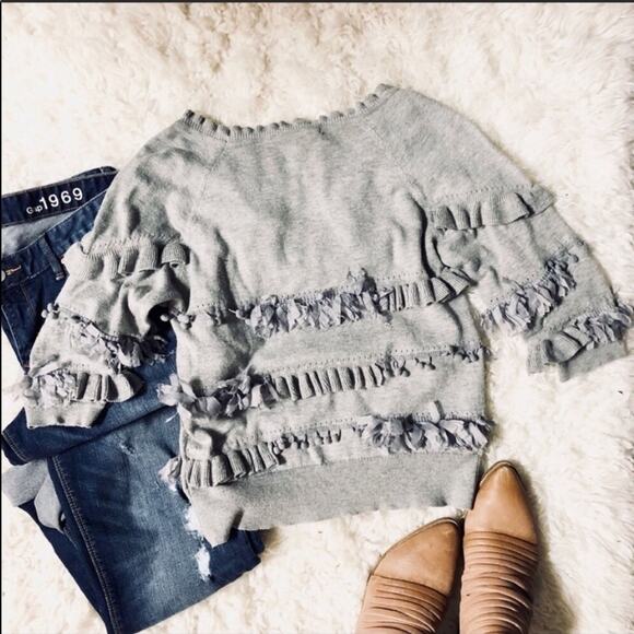 ANTHROPOLOGIE Knitted Knotted Ruffle Pom Fringe Stripe Grey Gray Sweater Top S - Picture 5 of 7